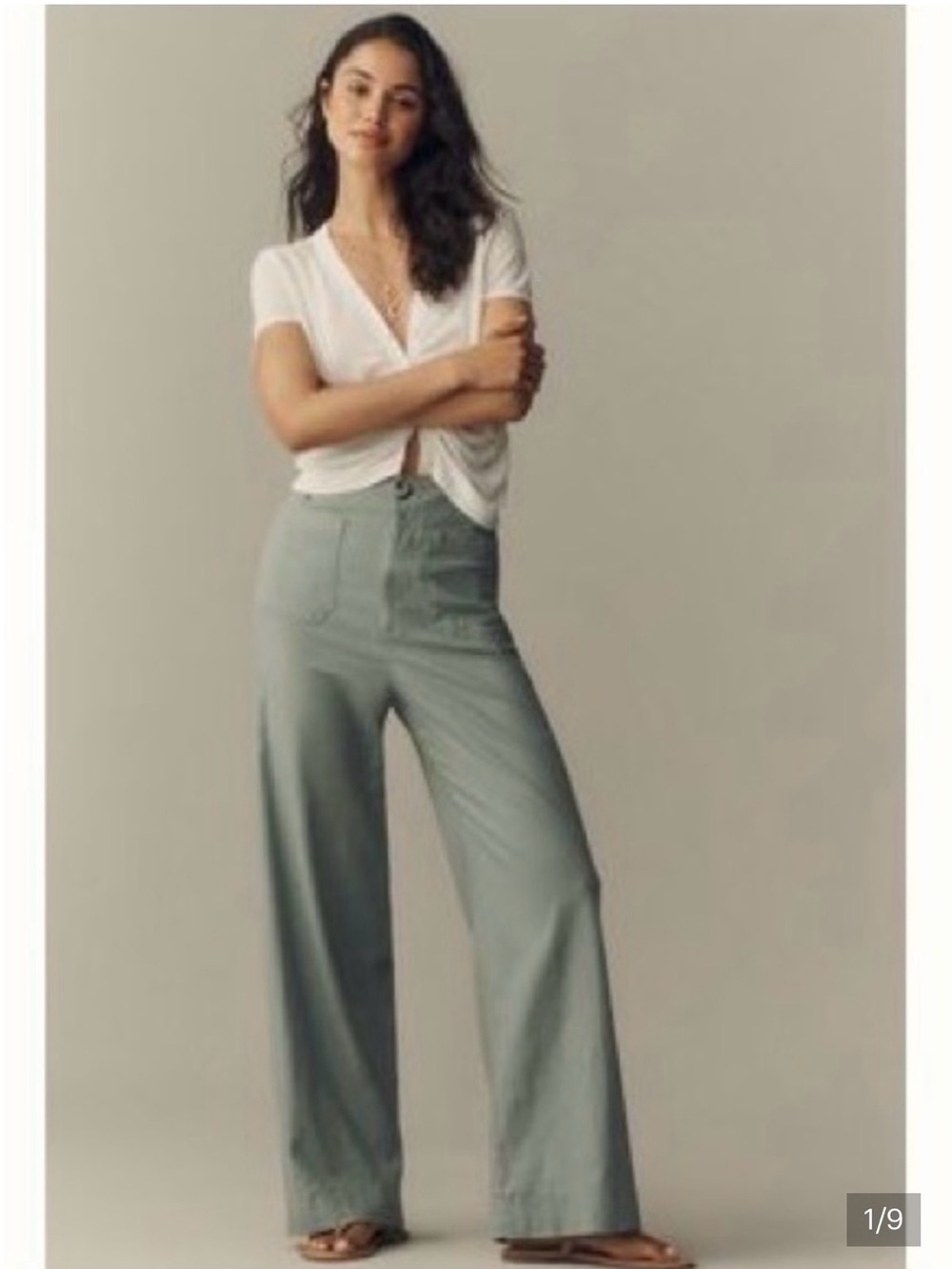 Maeve Collette Linen Stretch High-Rise Wide-Leg Pants in Sage Green - Picture 6 of 6